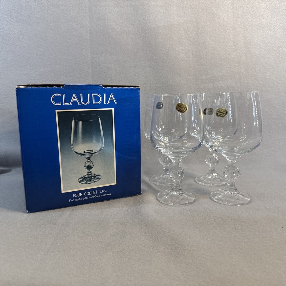 Claudia Crystal, Four Goblet 13oz, Ball Stemware, Bohemia, Czechoslovakia